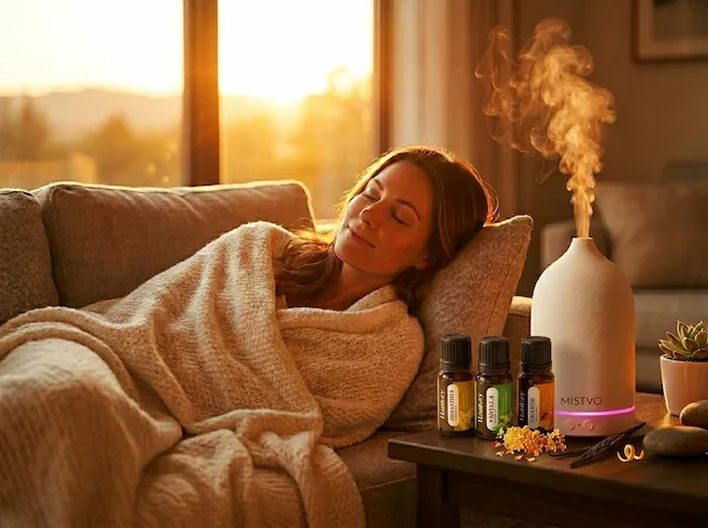 Good Mood gift set in use, person relaxed on sofa with diffuser