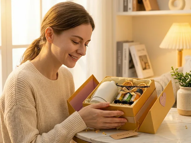 Person opening Good Mood Gift Set, warm genuine smile