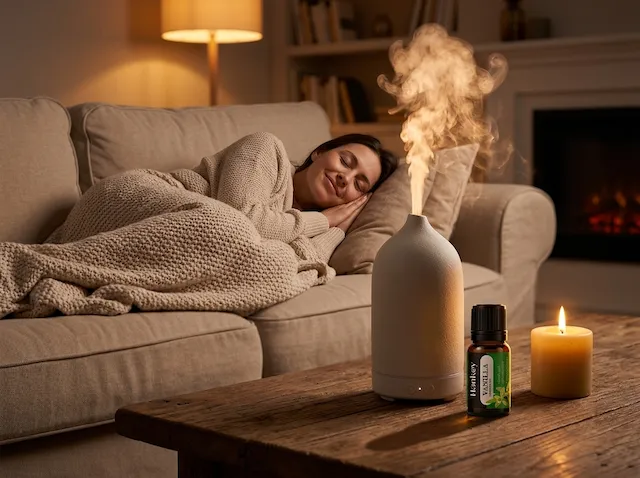 Person cozy on sofa with blanket beside diffuser, vanilla oil, warm light