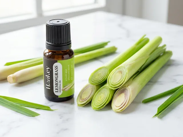 Fresh lemongrass stalks with amber essential oil bottle, bright energetic morning