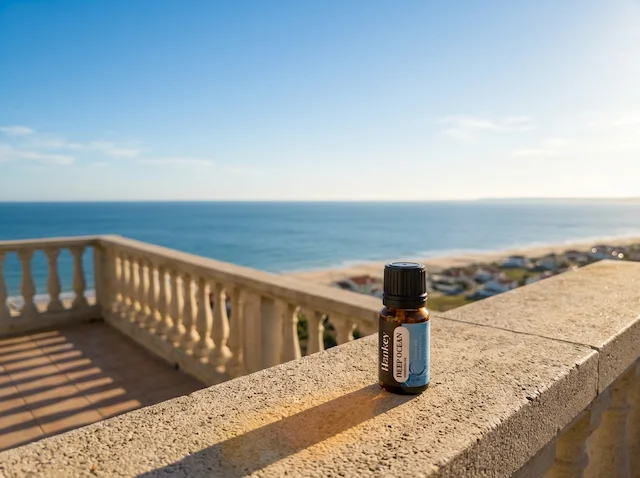 Balcony view over vast open landscape, ocean oil bottle on railing, sense of freedom