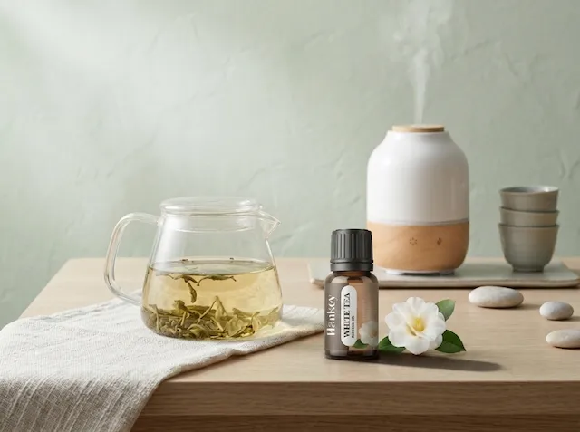 Minimal Japanese-inspired space with white tea steeping and MISTVO diffuser