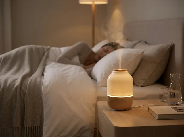 Man working in library beside fireplace diffuser