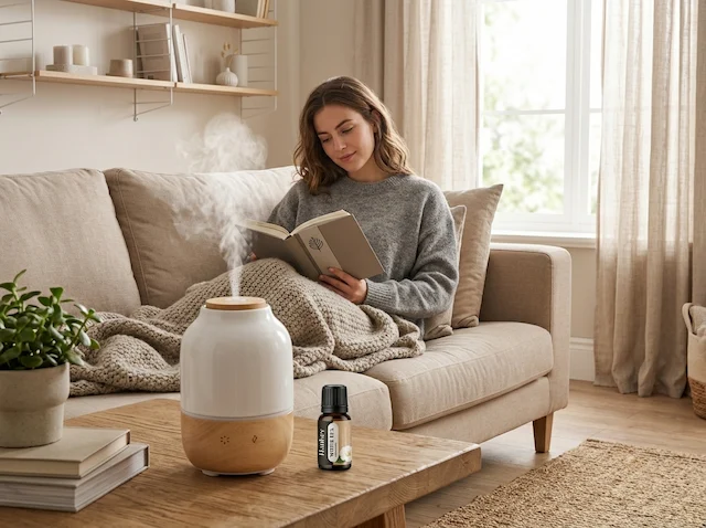 Woman meditating beside MISTVO flame diffuser