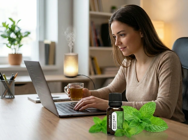 Person in deep focus at desk, MISTVO diffuser, Mint Leaf oil