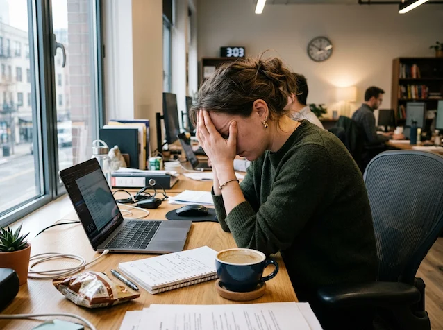 Person experiencing 3pm energy slump at desk, mental fatigue