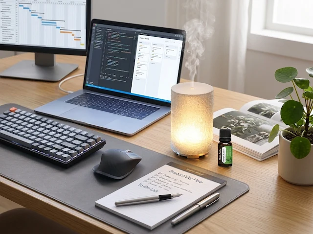 MISTVO stone diffuser with Mint Leaf oil, focused workspace