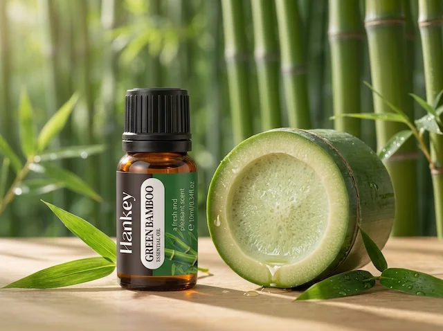 Fresh bamboo stalks with Bamboo essential oil bottle