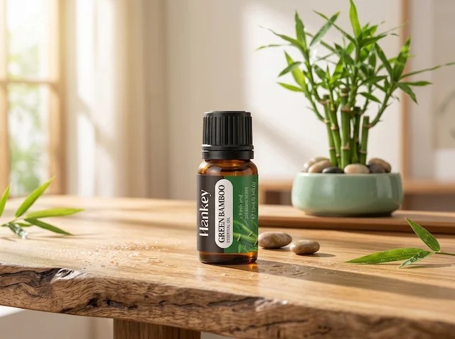Bamboo essential oil bottle on natural wood desk with morning light