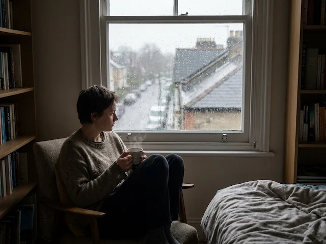 Person by rainy window, grey mood, ordinary flat day