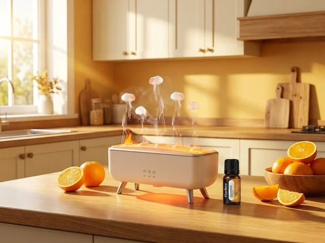 Sweet Orange oil with MISTVO diffuser, bright morning kitchen