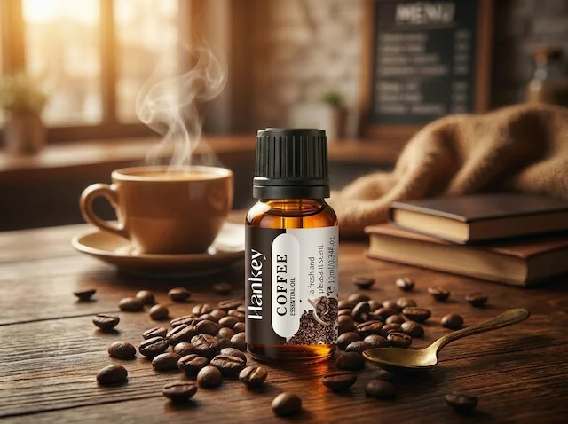 Coffee oil bottle beside steaming cup, warm morning kitchen