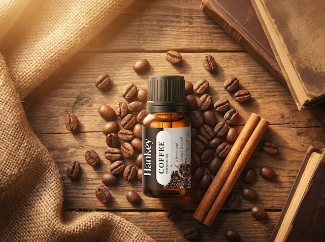 Coffee essential oil bottle flat lay with coffee beans and cinnamon