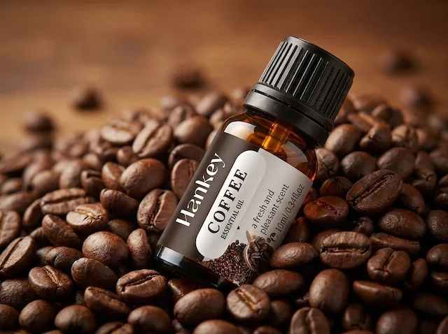 Coffee beans with MISTVO Coffee essential oil bottle, warm rich macro