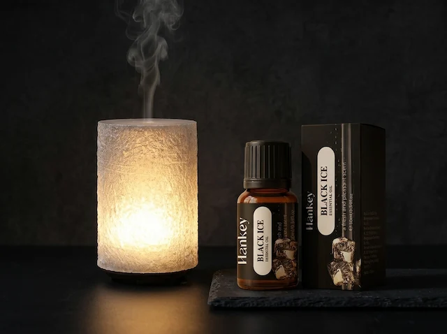 MISTVO stone diffuser with Black Ice oil, composed workspace