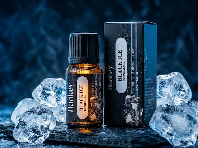 Black Ice essential oil bottle with cool ice crystal backdrop
