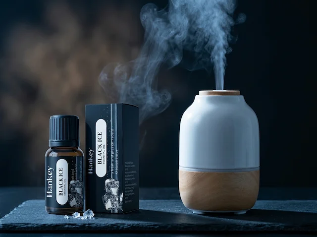 MISTVO diffuser with Black Ice oil, cool clear mist in minimal room