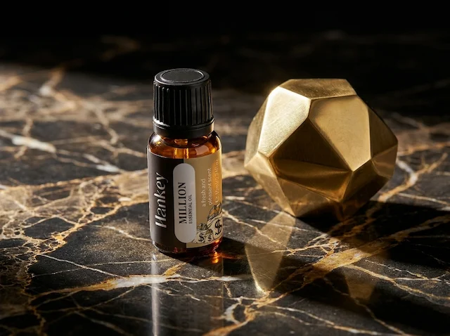 Millionaire essential oil bottle on dark marble with gold detail