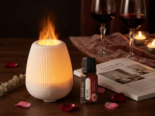 MISTVO diffuser with Rose oil in romantic evening setting