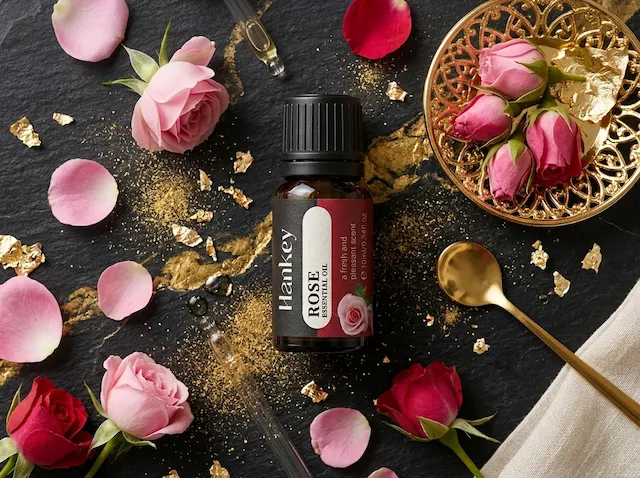 Rose essential oil bottle luxury flat lay with petals and gold