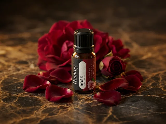 Rose essential oil bottle with deep red petals, moody luxury