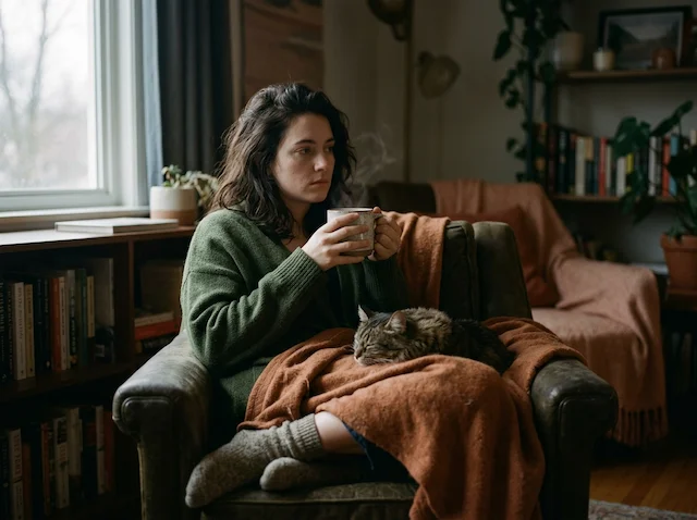 Person in quiet emotional moment needing comfort and warmth